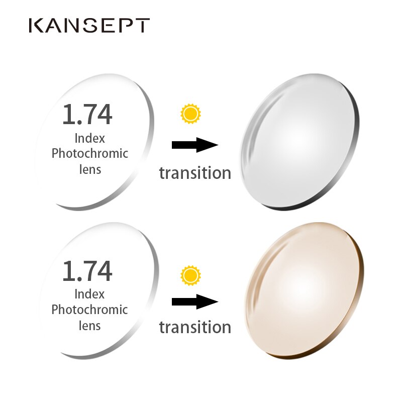 KANSEPT-1.74 인덱스 포토크로믹 그레이/브라운 비구면 처방 브랜드 수지 렌즈, 눈부심 방지 UV 반사 안경 렌즈